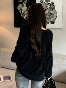 DAZY 女士优雅休闲通勤简约纯色宽松高领蓬松针织毛衣，秋冬款 - 黑色 - 查看 2