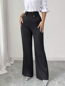 Modelyn Women's Casual Office Golf Commute Solid Color Rhinestone Decor Foldover Waist Flare Pants Pastal Autumn - Black - View 8