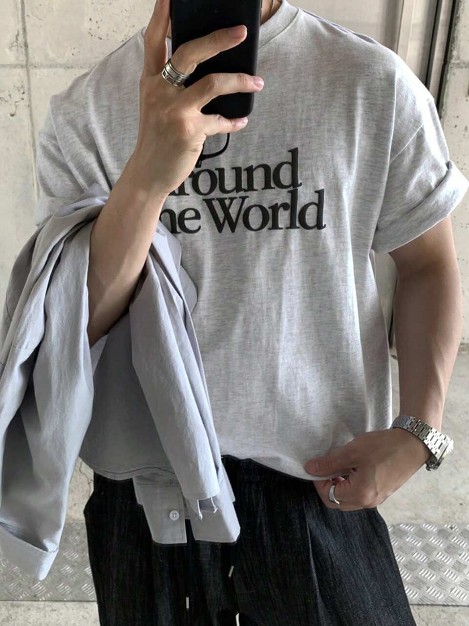 Grey Short Sleeve Letter Print T-Shirt For Men, Summer