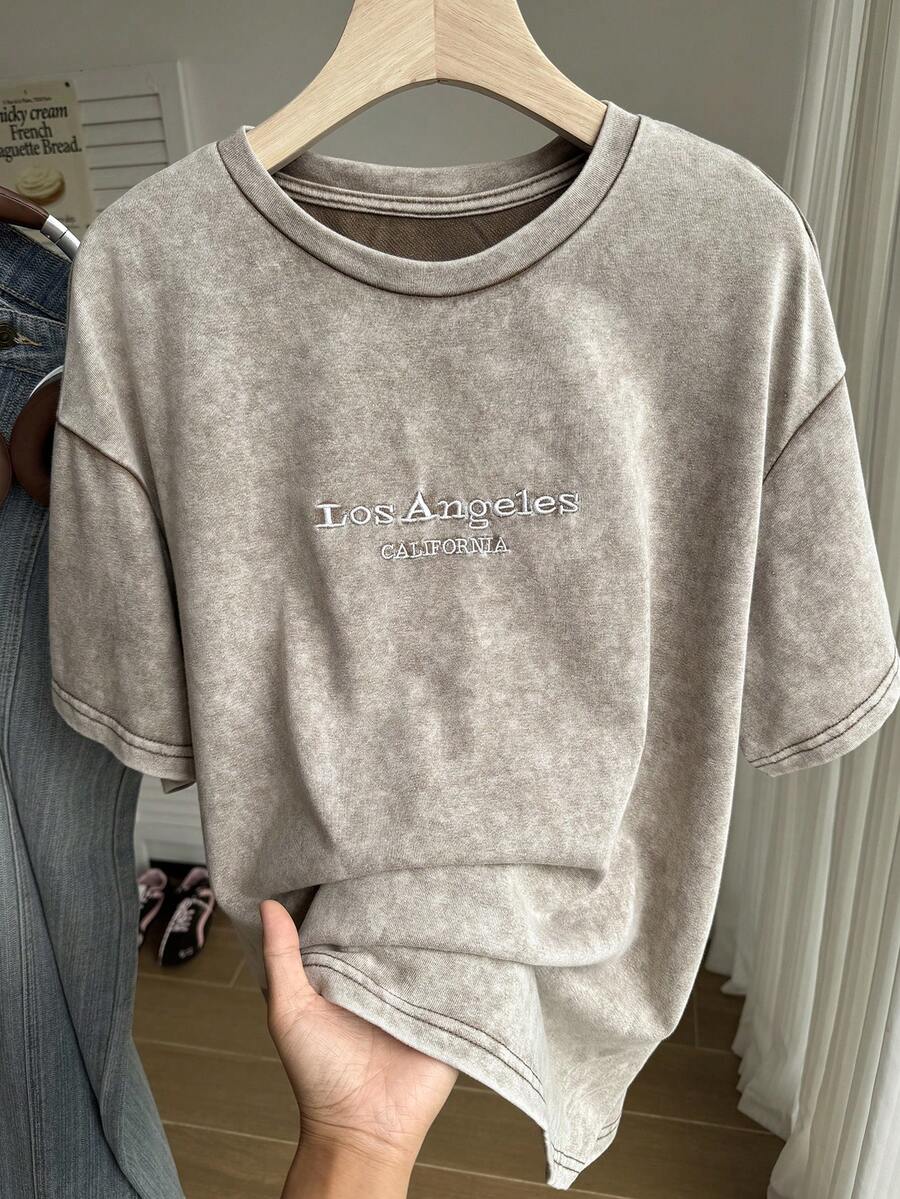 SHEIN Comfortcana Plus Size Vintage Distressed Cotton Embroidery Loose T-Shirt