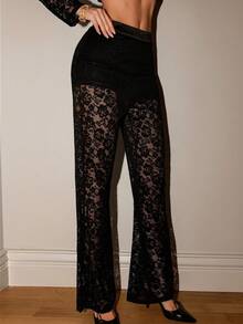 Bris Aura 女式高腰花卉蕾丝优雅时尚喇叭裤 - 黑色 - 查看 6
