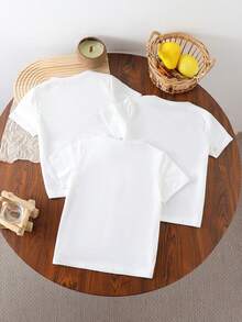 SHEIN Playful Pals 3件套女婴休闲纯白色短袖圆领T恤，百搭基础款夏季单品，适合女童和婴儿，经典简约，四季皆宜——春、夏、秋、冬 - 白色 - 查看 3