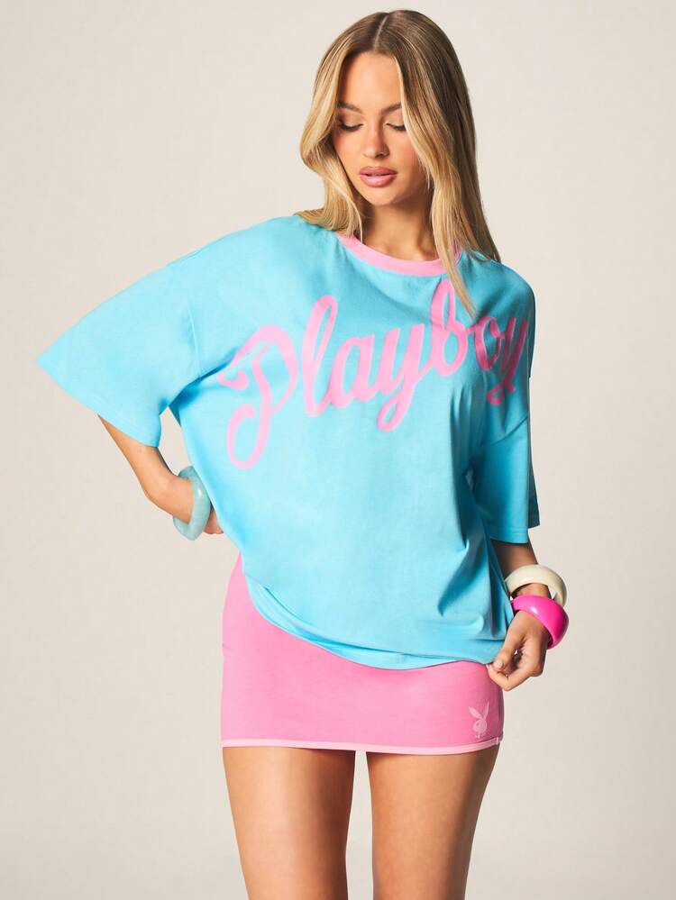 Missguided x Playboy Damska luźna koszulka z krótkim rękawem i okrągłym dekoltem, z nadrukiem w kolorze różowym, w stylu oversize i z nadrukiem graficznym