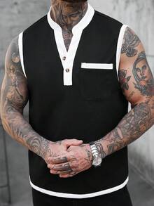 Manfinity Homme 男士舒适华夫格V领背心，袖口、领口和口袋采用撞色设计，休闲百搭，适合度假、派对、聚会、运动、办公等场合，经典日系风格，畅销百搭男士背心，自穿或送礼皆宜，春秋皆宜。 - 黑與白 - 查看 3