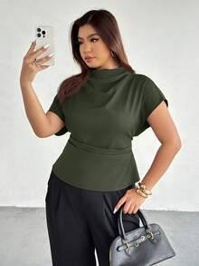 Firerie Plus Size Women Casual Elegant Vacation Ruched Collar Asymmetrical Sleeve Side Waist Commuter Bamboo Linen Fabric Blouse, Spring/Summer - Green - View 7