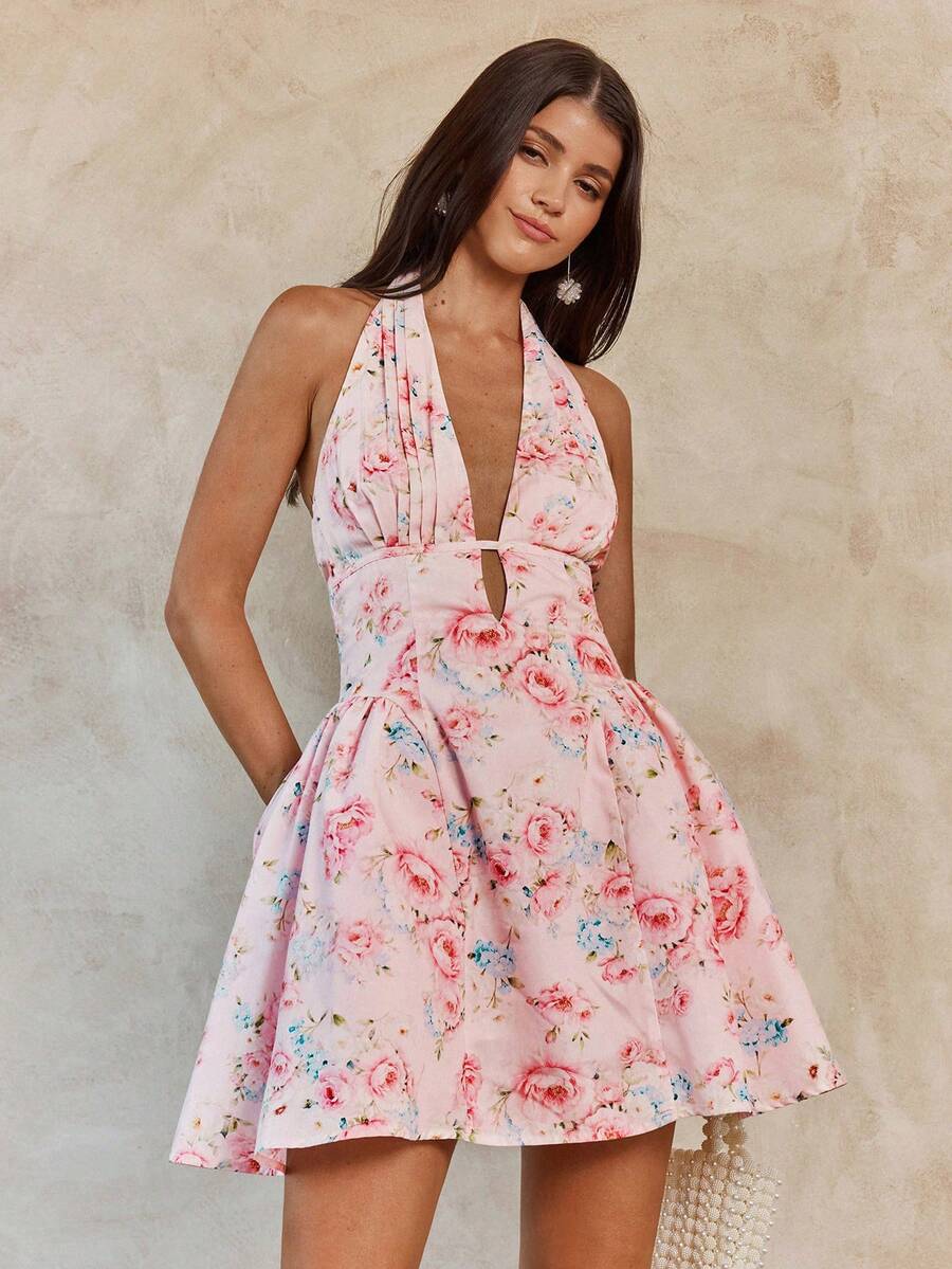 Enchnt Vestido sexy de mujer con cuello en V profundo, plisado y estampado floral, para vacaciones - Rosa - Ver 1