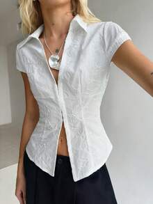 TRNVIE Women's White Casual Collared Embroidered Woven Fabric Cap Sleeve Semi-Sheer Shirt Blouse Regular Length - White - View 6