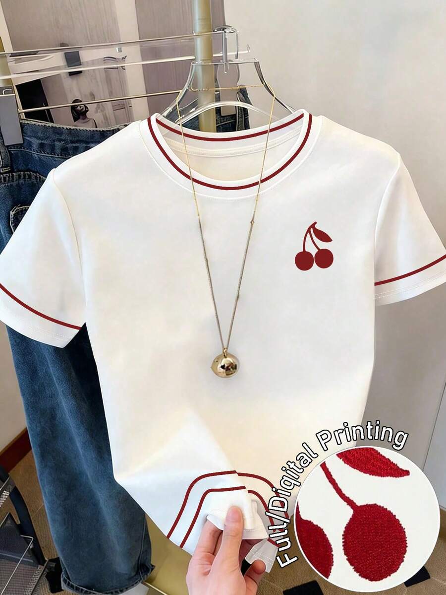 Resyla 女士时尚休闲红色撞色条纹樱桃印花常规版型圆领短袖T恤 - 白色 - 查看 1
