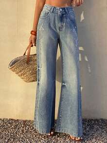 DAZY 女士常规中腰水钻装饰喇叭牛仔裤，优雅长裤 - 中等水洗藍 - 查看 4