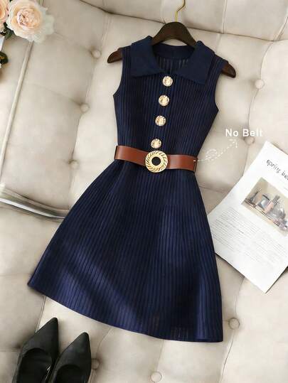 Franclia Elegante, casual damesjurk voor dagelijks gebruik, effen kleur, kraag, blote schouders, aansluitende mouwloze top met metalen gesp, paraplu-achtige zoom, asymmetrische sluiting, gebreide sweaterjurk, lente/zomer