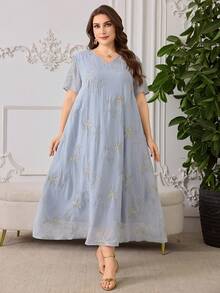 Lacomfia Sukienka damska w dużym rozmiarze, z krótkim rękawem, w jednolitym kolorze, z haftem i warstwami, o kroju litery A, na co dzień - Brudny niebieski - Zobacz 3
