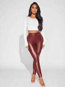 SHEIN Tall CURVE 大码女式纯色PU皮革弹力腰带打底裤高腰打底裤仿皮打底裤女式打底裤 - 酒紅色 - 查看 3