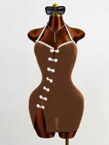 Mistrie Ladies' New Sexy Sleeveless Neckline Halter Top Cheongsam, With Backless Design, Sexy Girl Night Club Style, Sleeveless, Back-Opening, Slit Opening, Short Skirt, High-Waisted, Curvaceous Waist, Tight-Fitting Dress - Brown - View 6