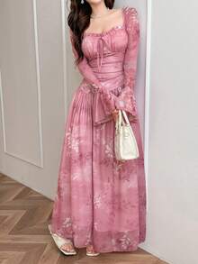 Modelyn 女士优雅印花甜心领喇叭袖长连衣裙，秋季 - 彩色 - 查看 6
