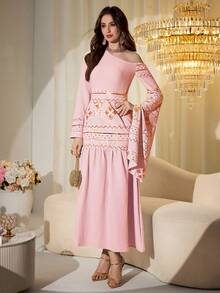 Modelyn Bata de estilo árabe de Oriente Medio con bordado de lentejuelas y patchwork, bata larga tradicional - Rosa - Ver 8