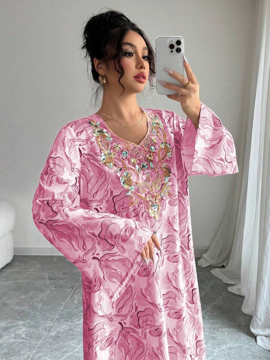 Yasmyna Đầm nữ cổ chữ V tay dài đính sequin thêu họa tiết nhiều màu sắc, dáng rộng, thanh lịch, lãng mạn theo phong cách Ả Rập. - Hồng - Xem 1