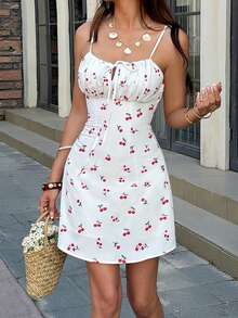Pariaura 女士标准尺码樱桃印花休闲度假吊带裙 - 白色 - 查看 6