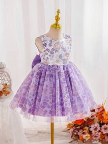 SHEIN Glamorique Kids Glamorique 青少女派對 & 花童婚禮禮服，短袖 V 背蝴蝶結花卉甜美優雅蓬蓬公主長裙 復活節 - 淡紫色 - 查看 7