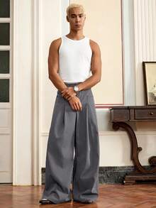 SWAVVY 男士梭织休闲宽松直筒纯色裤 - 煙灰色 - 查看 3