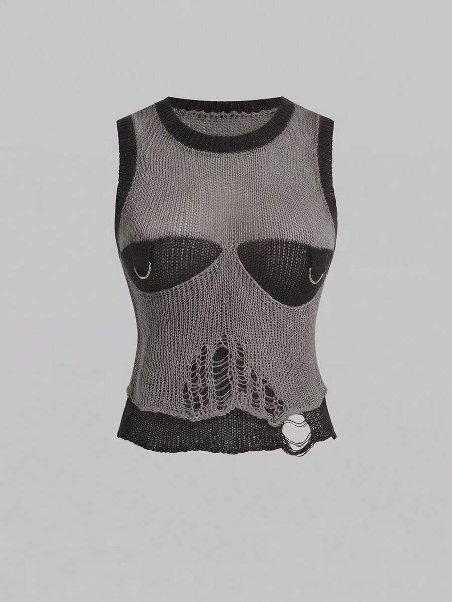 ROMWE Grunge Punk Sexy Hollow Out Contrast Color Knitted Sweater For Women - Grey - View 1