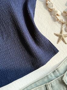Pre-Teen Girls' Sweet Navy Blue And White Square Neck Sleeveless Top,Summer Elegant Formal Pleated Fabric Blouse With Lace Trim & White Bow Decor - Royal Blue - View 5