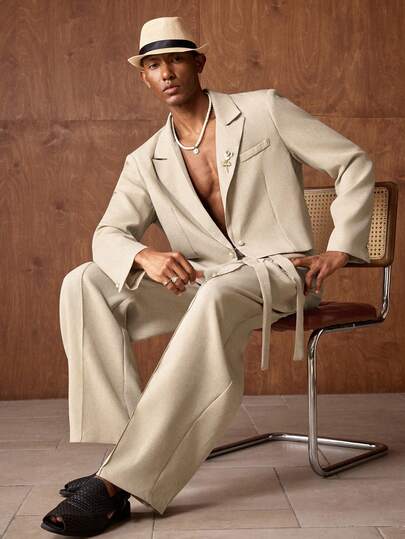 AKNOTIC Business Casual Bộ 2 món đồ nam dệt kim dáng rộng thoải mái gồm áo khoác dài tay và quần ống đứng, trang phục công sở màu be cho nam, bộ vest vải lanh cho nam, bộ vest quần màu kem cho nam.