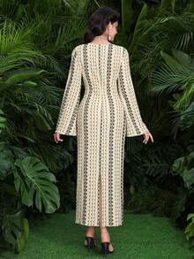 Modelyn Women's Spring/Summer Knitted Apricot Striped Textured Jacquard Long Sleeve Waist Cinched Midi Sheath Dress, Elegant For Commuting - Multicolor - View 2