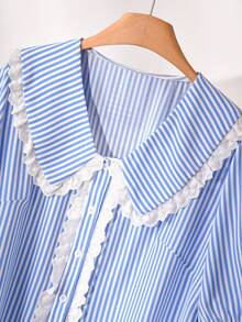 CosyJoli Plus Size Women's Button-Up Shirt,Striped Casual Blouse,Lace Trim Ruffle Collar Blue And White Summer Elegant Tea Party Top With Puffy Sleeve - Blue - View 4