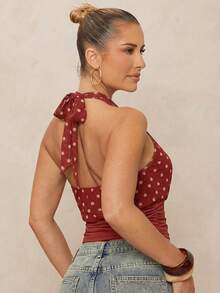 Lumalex 女士优雅红色波点网纱拼接针织面料圆领蝴蝶结无袖修身衬衫，春夏款 - 紅色 - 查看 3