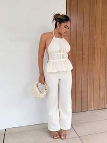 Maria Perezxox Setelan 2 Potong Modis untuk Wanita, Terdiri dari Atasan Halter Longgar Warna Polos Gaya Prancis dengan Ikat Pinggang dan Celana Panjang Lebar yang Nyaman. - Aprikot - View 4