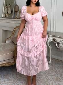 Lyrianda Women's Elegant Pink Plus Size Long Dress With Queen Anne Neckline And Ruffle Hem Perfect For Summer Birthdays - Pink - View 3