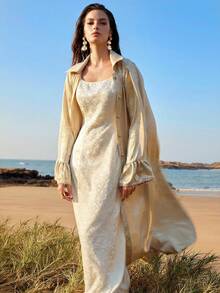 ZEYLAH Women's Casual Bell Sleeve Light Weight Long Shirt Jacekt, Spring/Summer - Apricot - View 7