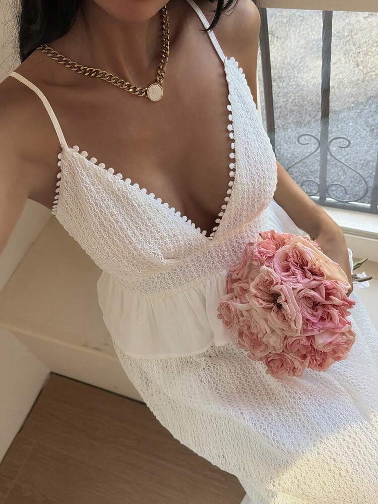 Women's V-Neck Textured Fabric Spaghetti Strap Waist Cinched Dress, Vacation Style Sundress Summer