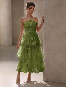 BELROSIE Solid Color Luxurious High-End Party Floral 3D Strapless Dress, Suitable For Spring And Summer, Valentine's Day - Green - View 7
