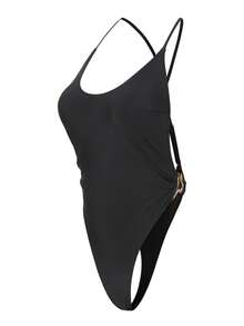 Swim SXY Badeanzug SXY, einteilig, einfarbig, mit goldenem Ringdekor, Spaghettiträgern und gekreuztem Rückenausschnitt, sexy Damen-Sommerurlaubsbademode, lässiger schwarzer Badeanzug, einteiliger String-Bikini für Damen, schwarz, Cut-Out - Schwarz - Übersicht 4