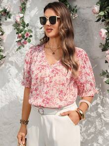 Miaspire Plus Size V-Neck Raglan Short Sleeve Pink Allover Print Front Button Loose Shirt,Summer Boho Holiday Tea Party Elegant Floral Blouses For Women Top - Multicolor - View 5