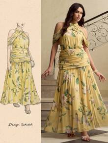 ZEYLAH Vestido elegante y romántico con efecto tie-dye en el cuello, para primavera/verano - Amarillo - Ver 7