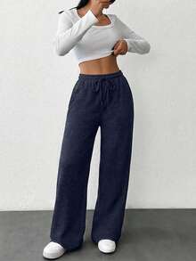 EURMUSE Drawstring Waist Slant Pocket Spring Clothes Sweatpants - Navy Blue - View 4