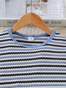 SHEIN Tween Girl French Vacation Style Blue & White Striped Patchwork Dress, Suitable For Spring/Summer - Blue - View 3