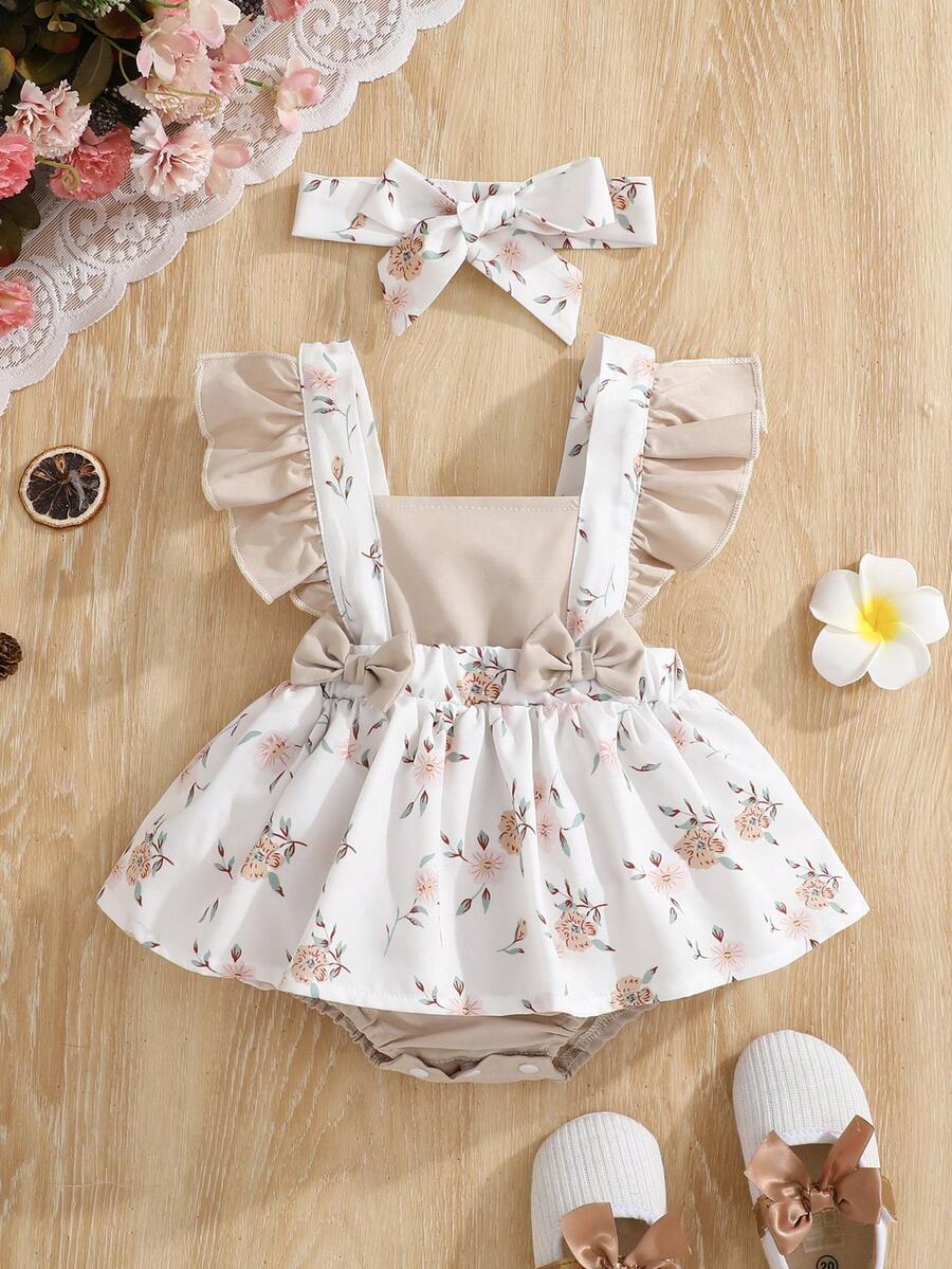 SHEIN 女婴甜甜圈糖果印花无袖连衣裙,饰有蝴蝶结,荷叶边下摆,适合夏季穿着。 - 棕色 - 查看 1