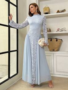 Modelyn 女士蕾丝拼接立领荷叶边下摆优雅长袖中长连衣裙 - 藍色 - 查看 4