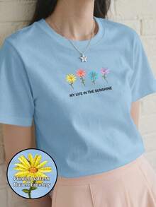 SHEIN EZwear 女士休闲简约花卉刺绣标语印花圆领 T 恤 - 淺藍色 - 查看 3