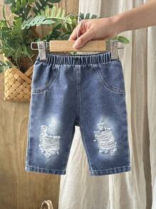 SHEIN Vintaside Kids 乡村风新生儿牛仔裤，经典水洗蓝+假口袋+全弹力腰带，方便穿脱+腰带处复古纽扣装饰，宽松舒适，时尚可爱，适合日常外出、旅行和休闲穿着。 - 藍色 - 查看 5