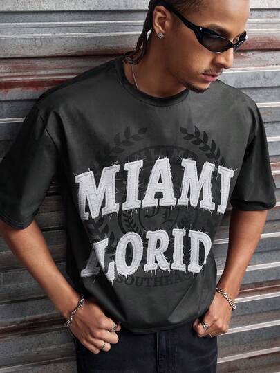 AXEPEAK Men's Letter Print Casual Round Neck Short Sleeve T-Shirt, Summer