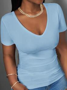 Slaydiva 2025 Plus Size Women Light Blue Summer Smart Casual Everyday Deep V-Neck Ribbed T-Shirt,Sleeveless Racerback Workout Tops,Office Work Clothes Blouses - Sky Blue - View 2