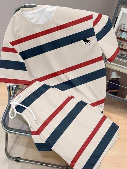 Manfinity Joysei Men's Casual Striped Crew Neck Short Sleeve T-Shirt And Shorts Set, Summer