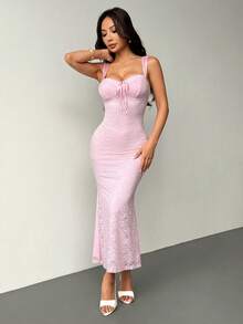 xheSHEIN PETITE Vestido camisero ajustado con estampado floral de encaje de unicolorxhe - Rosa - Ver 8