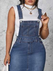 Rivivi Plus Size Solid Color Pocket Fitted Casual Denim Jumpsuit Dress - Blue - View 5