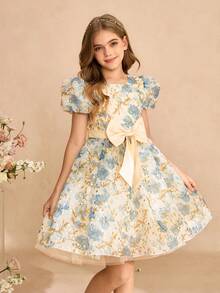 Girls Sweet Puff Sleeve Wedding Flower Girl Princess Dress, Netted Printed Dress For Birthday, Performance, Elegant Big Bow Decor Dress Girls Vintage Floral Dress Tween Dresses Puff Sleeve Tween Blue Floral Dress - Blue - View 6
