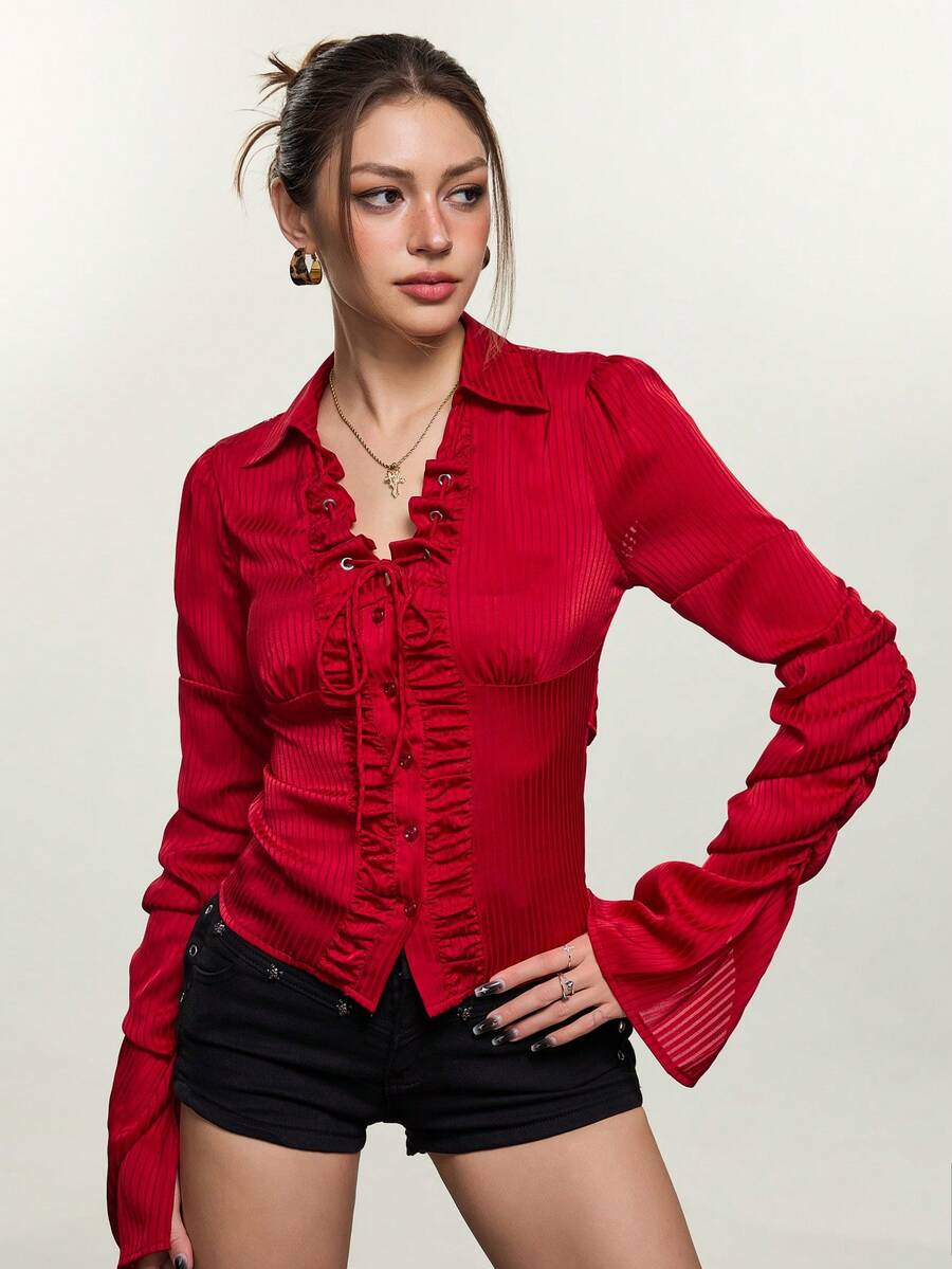 Rina Fox Women's Solid Color Frill Trim Single-Breasted Pleated Casual Everyday Long Sleeve Top - Burgundy - View 1
